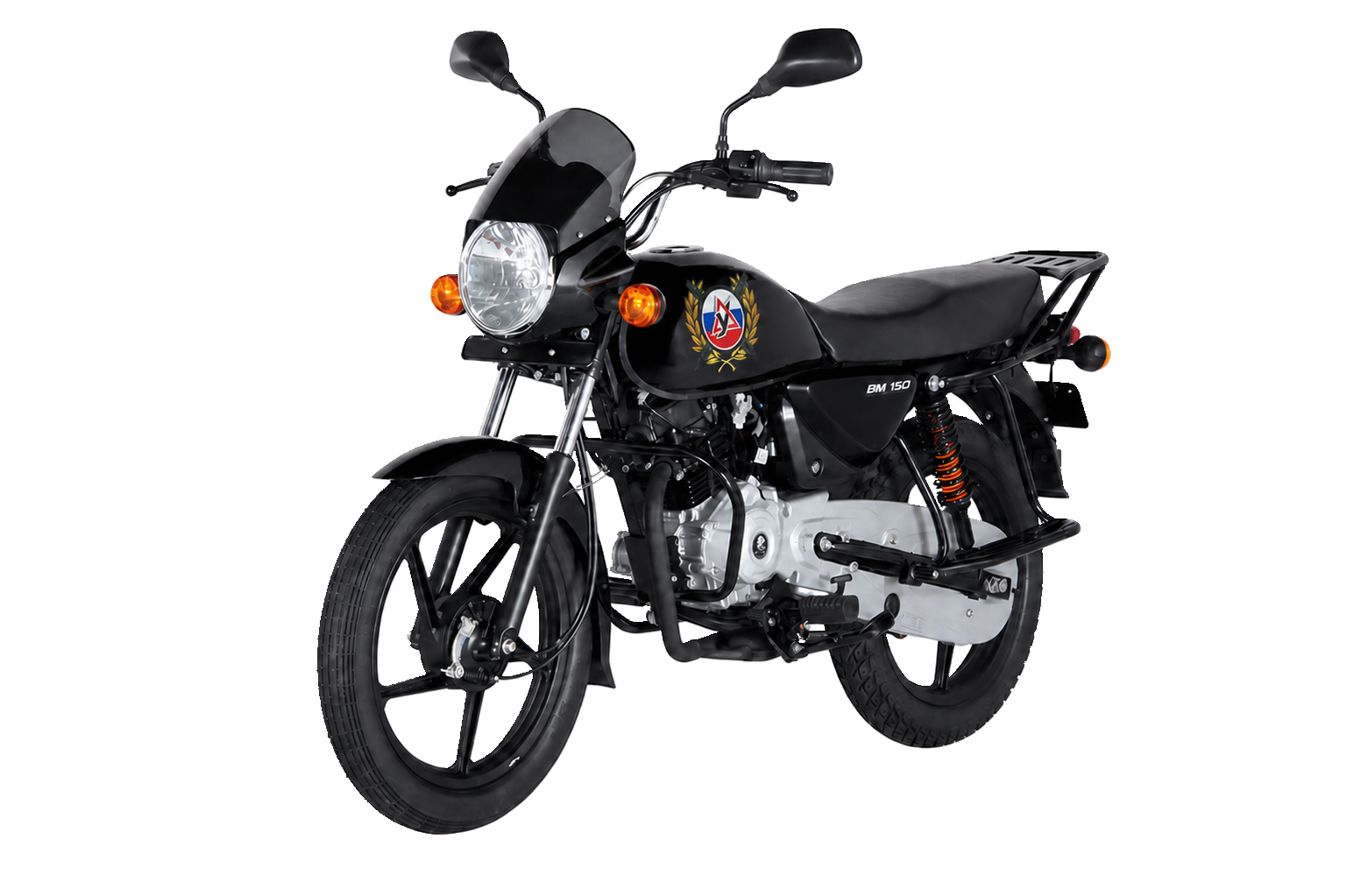Чёрный учебный мотоцикл BAJAJ BOXER BM 150 с эмблемой автошколы